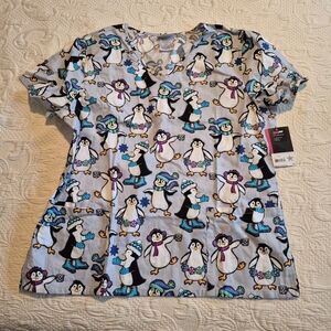 ScrubStar women's Large uniform shirt gray with penguin design NWT